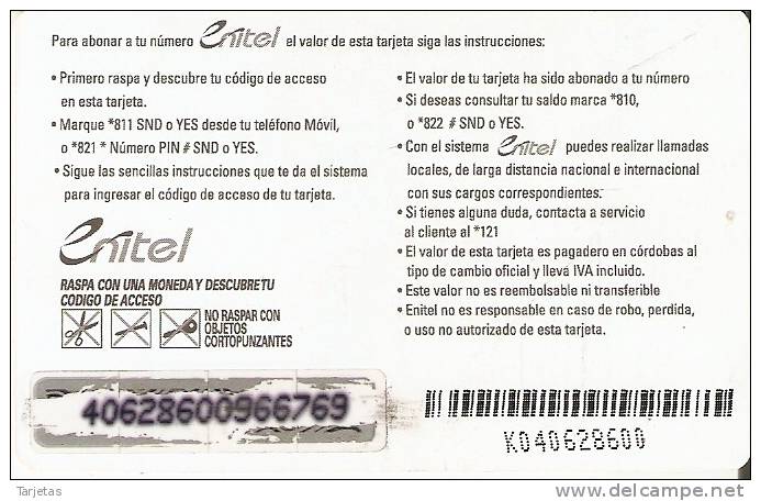 TARJETA DE NICARAGUA DE U$6 DE LA COMPAÑIA ENITEL COLOR LILA OSCURO - Nicaragua