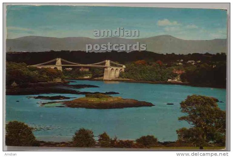 UK / WALES - MENAI SUSPENSION BRIDGE PANORAMIC - 1973 Color Postcard - Anglesey