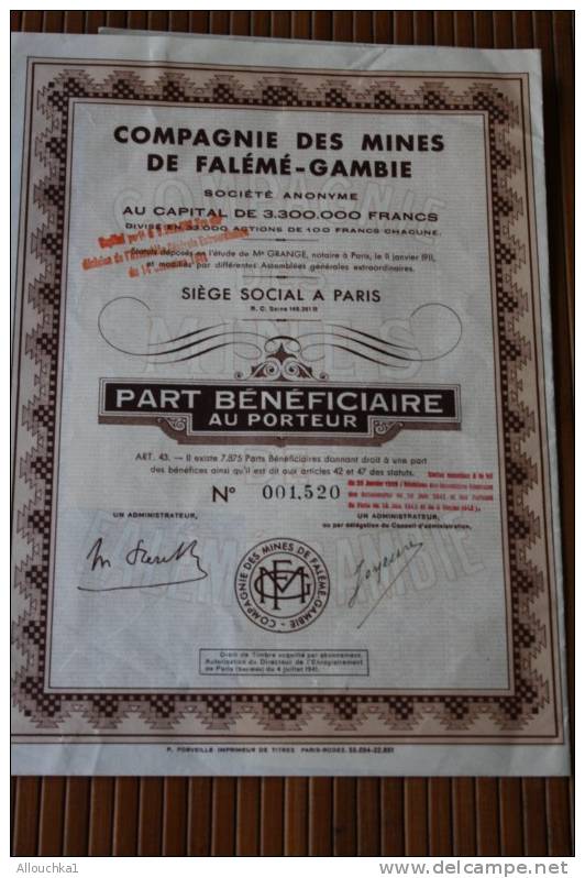 COMPAGNIE DES MINES DE 1943 FAlémé-GAMBIE PART BENEFICIAI ACTION SCRIPOPHILIE TITRE SIEGE PARIS Volcanologie Minéralogie - Mineral