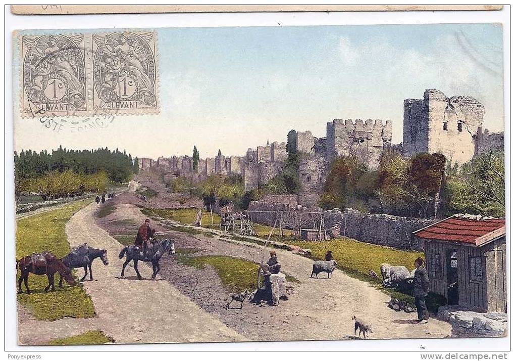 Paire Du 1c Blanc Levant Sur Carte De Constantinople "les Murs De Jédikoulé." - Storia Postale