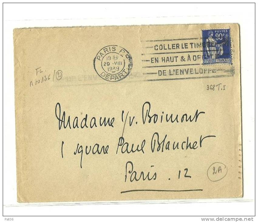 PARIS    Obl.  1939  DEPART  --- DE L' ENVELOPPE - 1932-39 Peace