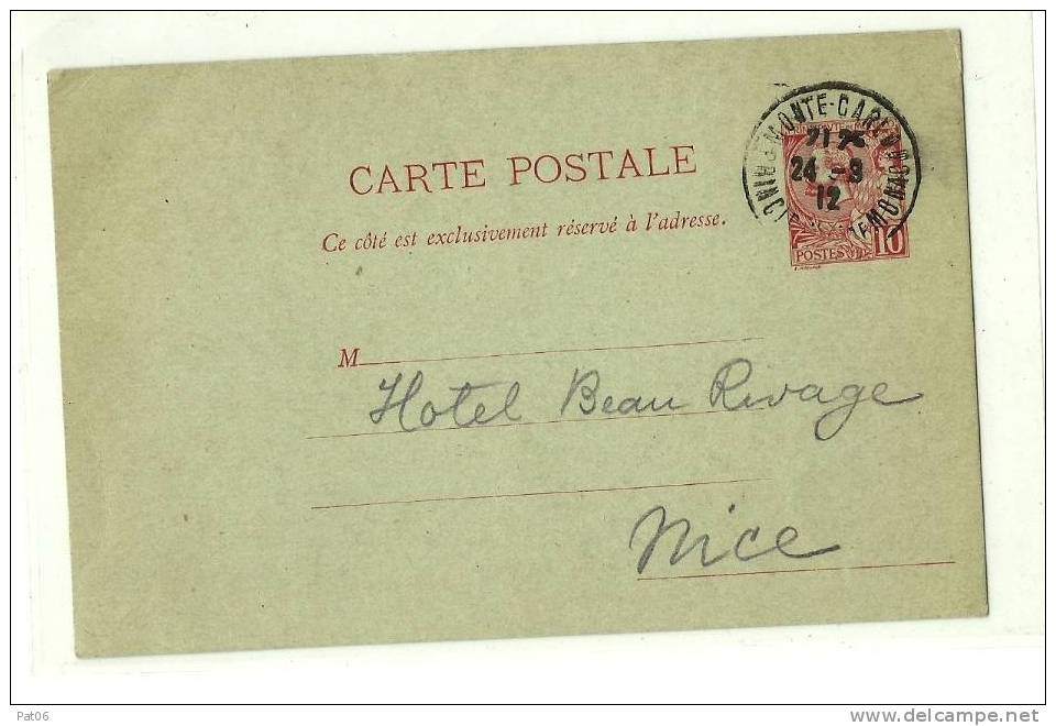 MONACO   Obl.24-3- 1912 Désti NICE HOTEL BEAU RIVAGE - Postal Stationery