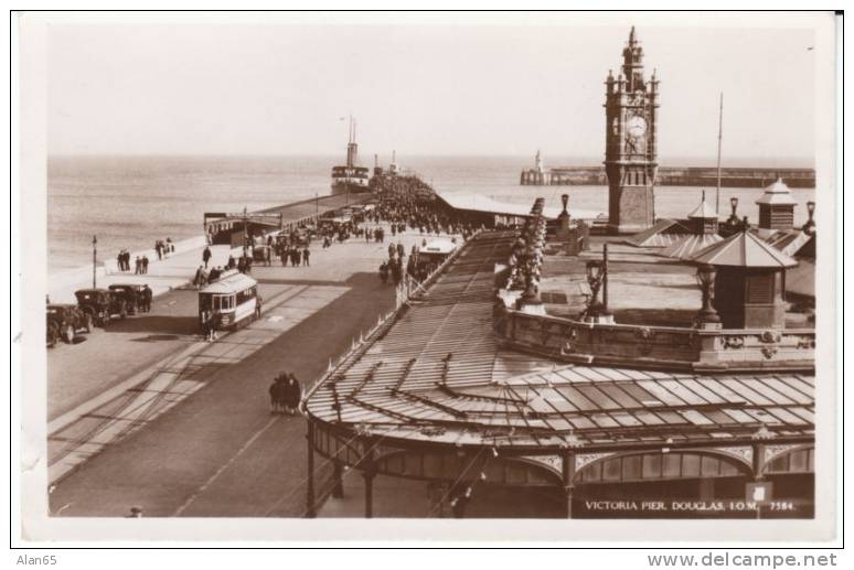 Douglas Isle Of Man, Victoria Pier, Street Car Lighthouse Ferry Clock On C1920s Vintage Real Photo Postcard - Insel Man