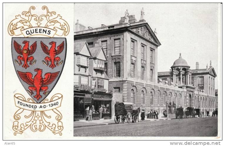 Queens College Oxford UK, Coat Of Arms And Building View, Street Scene, On C1900s Vintage Embossed Postcard - Schools