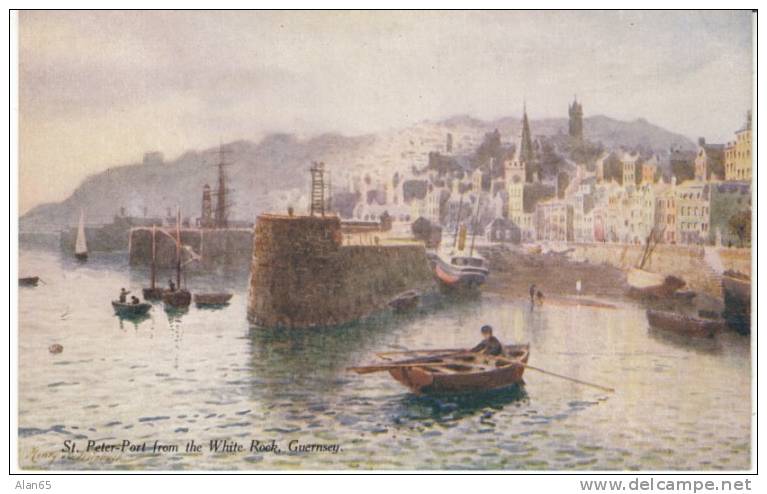 St. Peter Port From White Rock, Guernsey Channel Island UK, Artist Signed C1910s Vintage Postcard - Guernsey