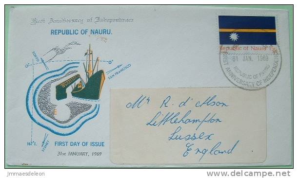 Nauru 1969 FDC Cover To England UK - Independence Flag Map Bird Phosphate Mining Crane Ship - Nauru