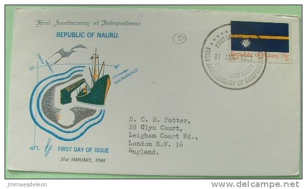 Nauru 1969 FDC Cover To England UK - Flag Phosphate Mining Crane Map Ship Bird - Nauru