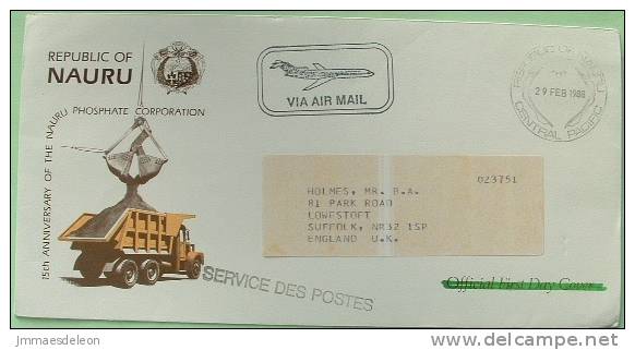 Nauru 1988 Official Cover Sent To England UK - Plane Phosphate Mining Crane Truck - Nauru