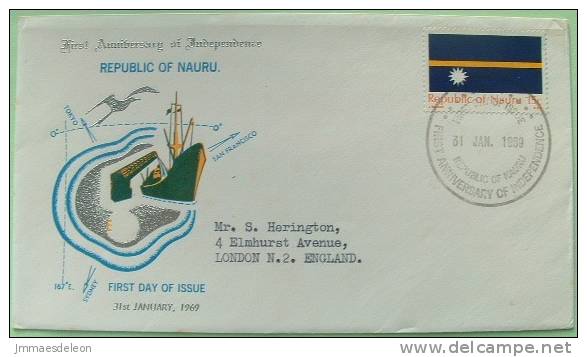 Nauru 1969 FDC Cover Sent To England UK - Flag Phosphate Mining Crane Truck Bird Map - Nauru