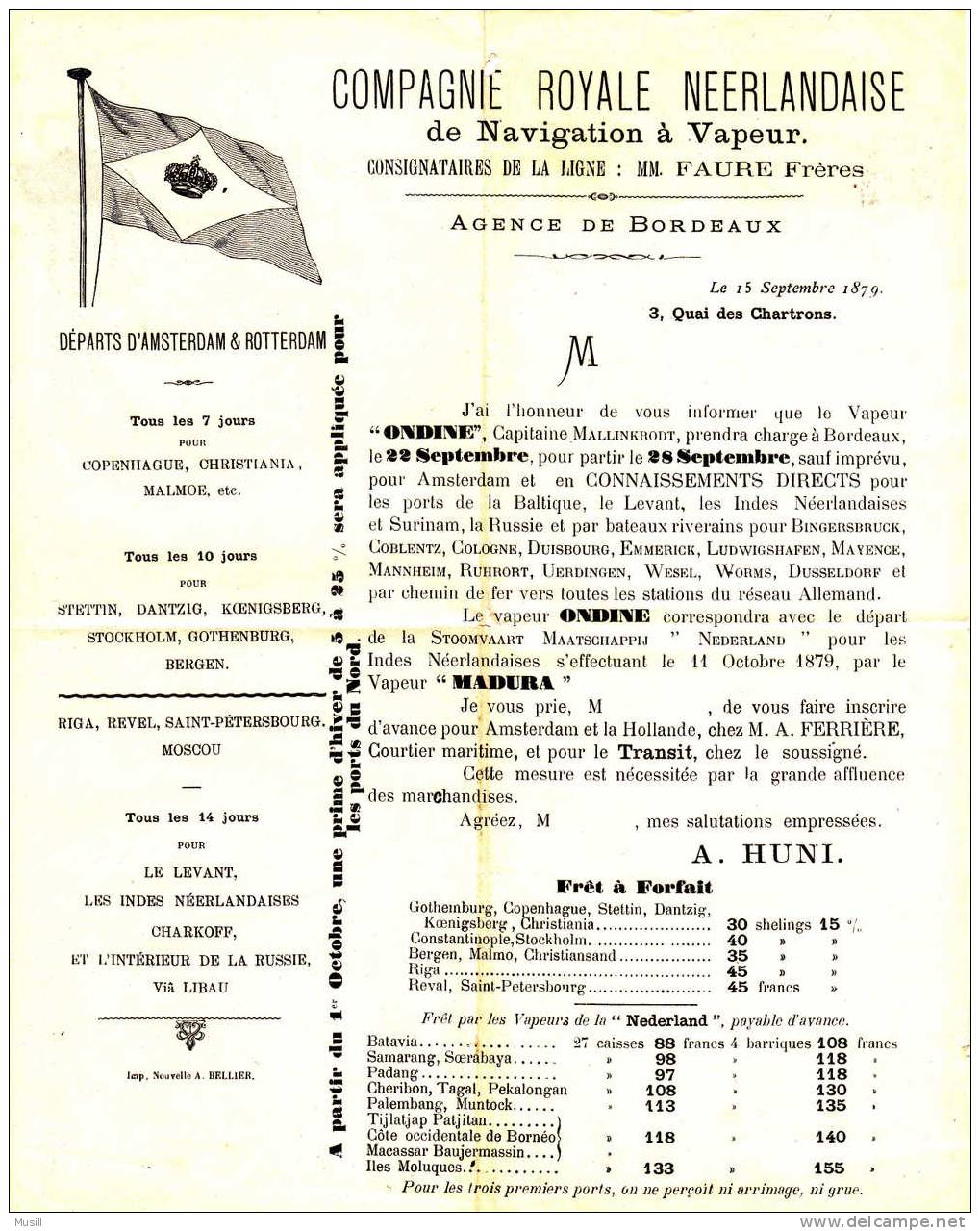 COMPAGNIE ROYALE NEERLANDAISE De Navigation à Vapeur. Agence De Bordeaux. - Europe