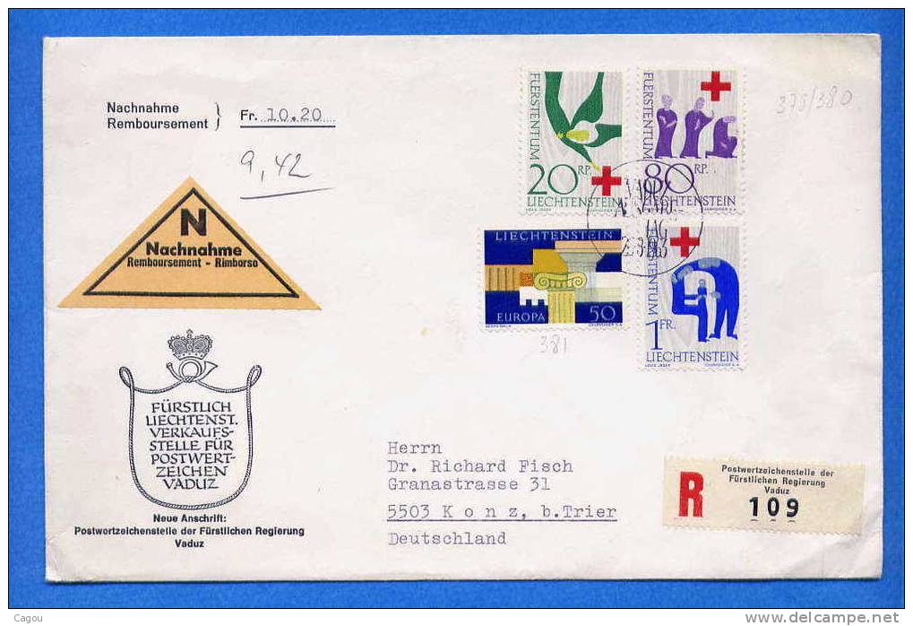 N° 379/380 + 381 Sur Lettre Recommandée Du Liechtenstein Pour L' Allemagne - Storia Postale