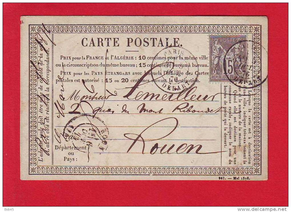 147 - Carte Postale Precurseur Type Sage 15 C Gris Oblitere Avec Correspondance Rouen - Cartes Précurseurs