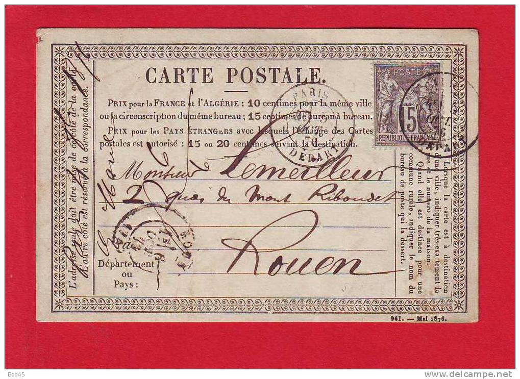 147 - Carte Postale Precurseur Type Sage 15 C Gris Oblitere Avec Correspondance Rouen - Vorläufer