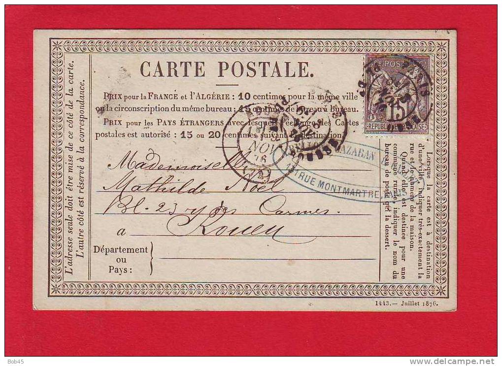 148 - Carte Postale Precurseur Type Sage 15 C Gris Oblitere Avec Correspondance Rouen - Vorläufer