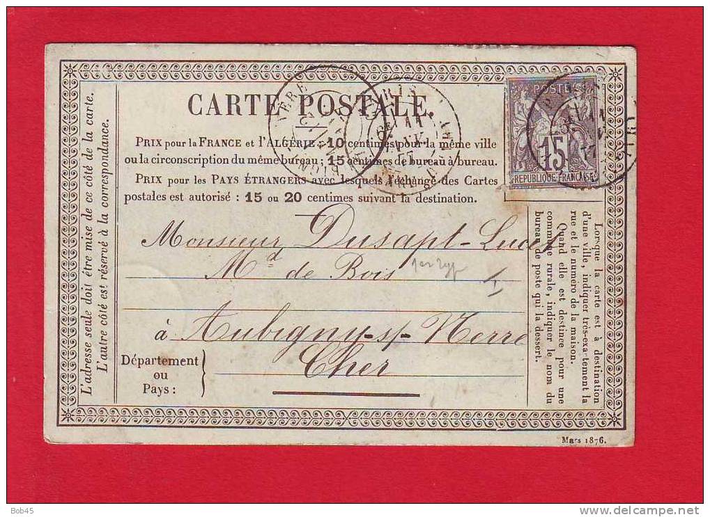 149 - Carte Postale Precurseur Type Sage 15 C Gris Oblitere Avec Correspondance Aubigny Sur Nere - Cartes Précurseurs