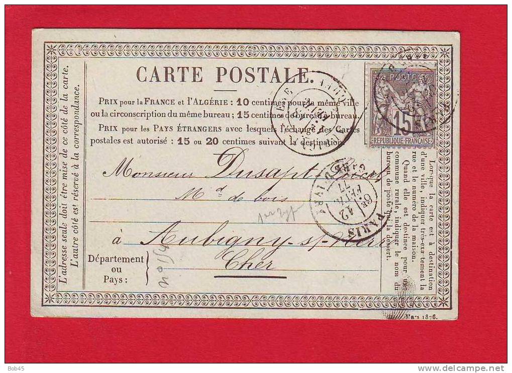 151 - Carte Postale Precurseur Type Sage 15 C Gris Oblitere Avec Correspondance Aubigny Sur Nere - Cartes Précurseurs
