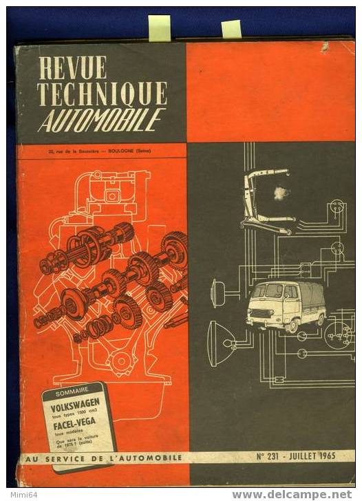 REVUE TECHNIQUE AUTOMOBILE .  DE VOLKSWAGEN TOUS TYPES 1500  Cm 3 . FACEL - VEGA TOUS MODELES  N ° 231 JUILLET 1965 - Auto