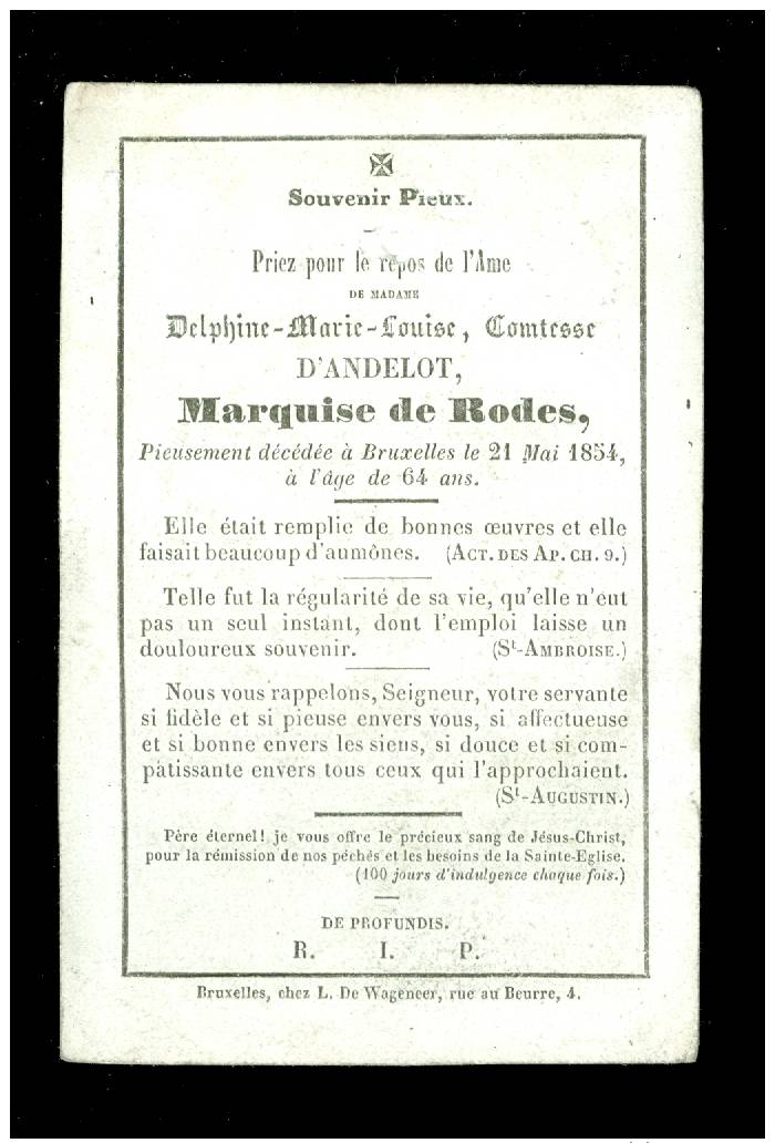 Doodsprentje ( 3582 ) Noblesse Adel Comtesse D' Andelot / Marquise De Rodes - Bruxelles Brussel 1854 - Devotieprenten