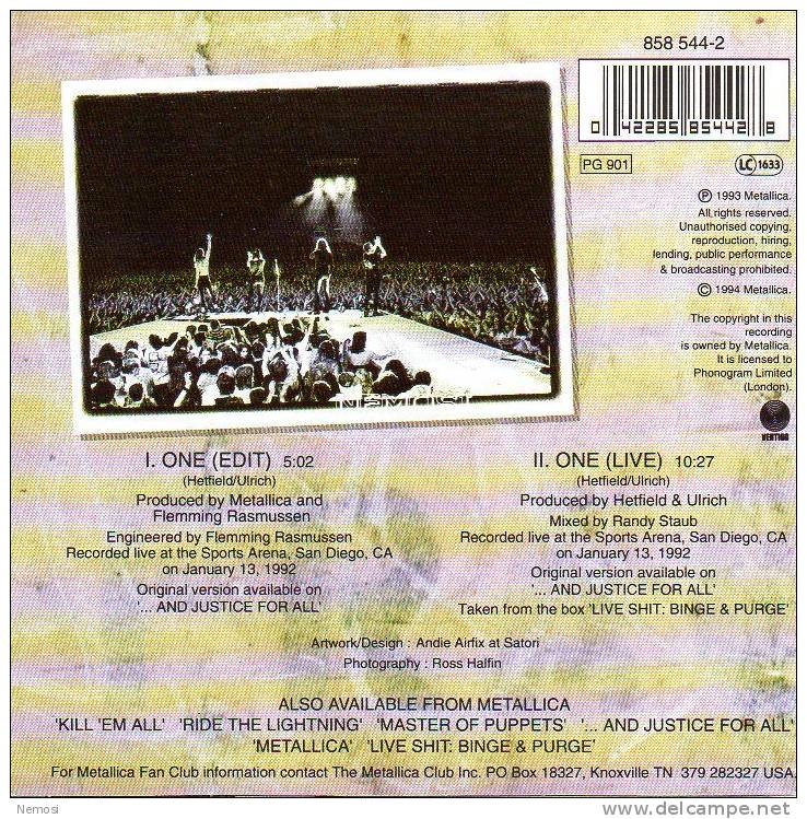 CD - METALLICA - One (edit - 5.02) - Same (live - 10.27) - Ediciones De Colección