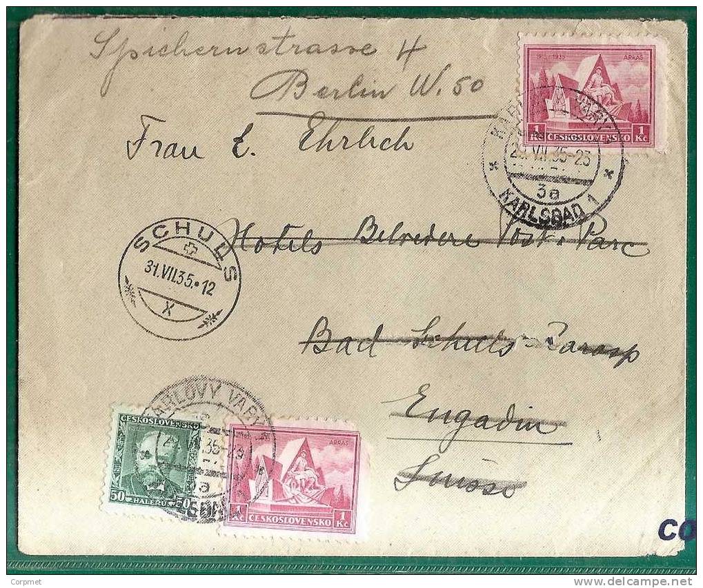 CZECHOSLOVAKIA - 1935 COVER  From KARLOVY VARY To SCHUUS, SWITZERLAND (reception At Front) Then FWD To BERLIN - Storia Postale