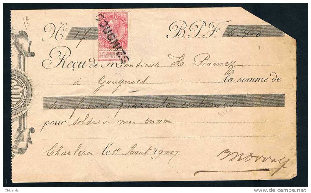 Belgique 1900 Reçu Affr. N°58 Annulé Griffe "GOUGNIES". - Lineari