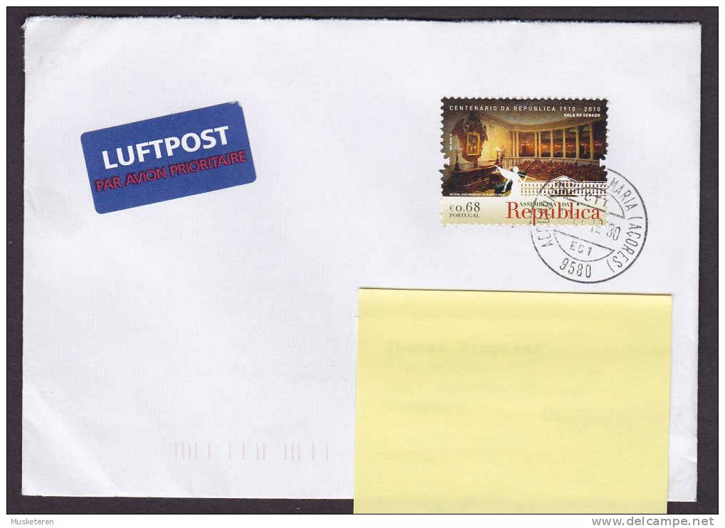 Portugal Luftpost Avion Prioritaire Label Deluxe SANTA MARIA (Acores) 2010 Cover To Denmark Sala Do Senado Senate - Lettres & Documents