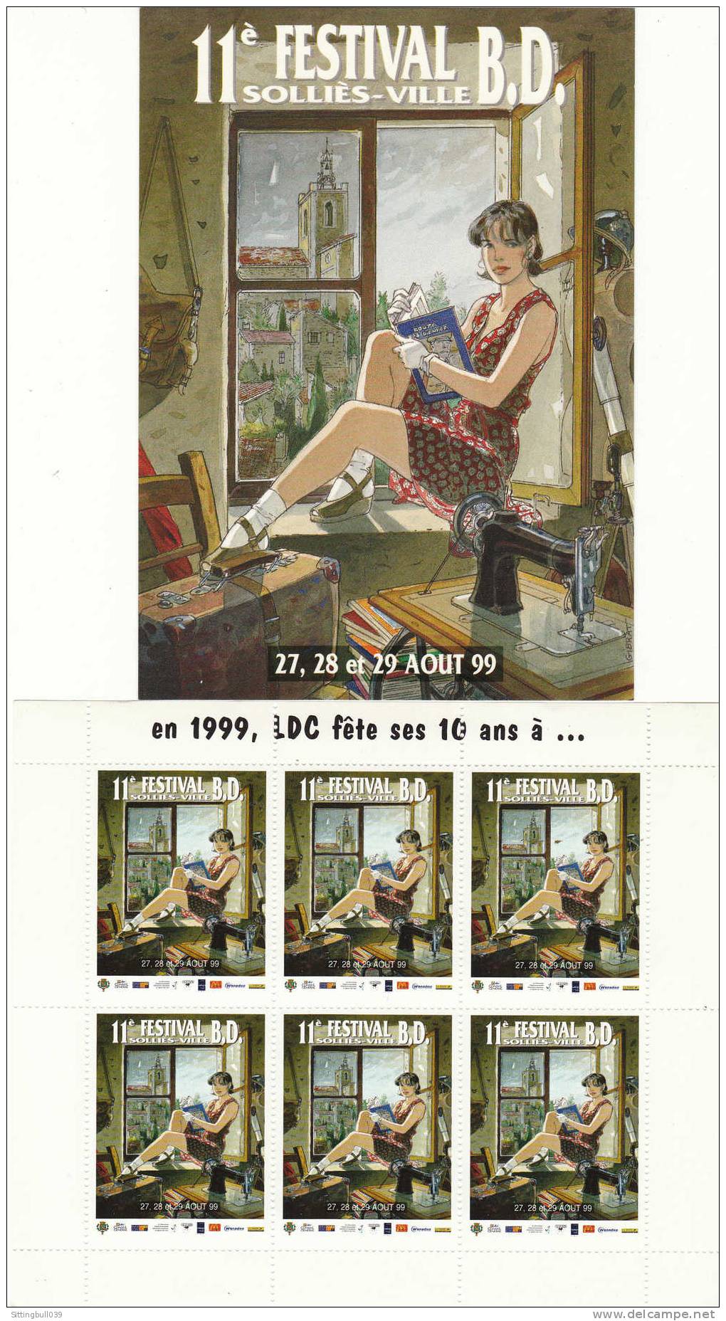 GIBRAT. Carte Postale Avec Tampon + Planche Vignettes Timbres + Carte 10 Ans LDC, Dessin JUILLARD Pour Solliès BD 1999 - Advertisement