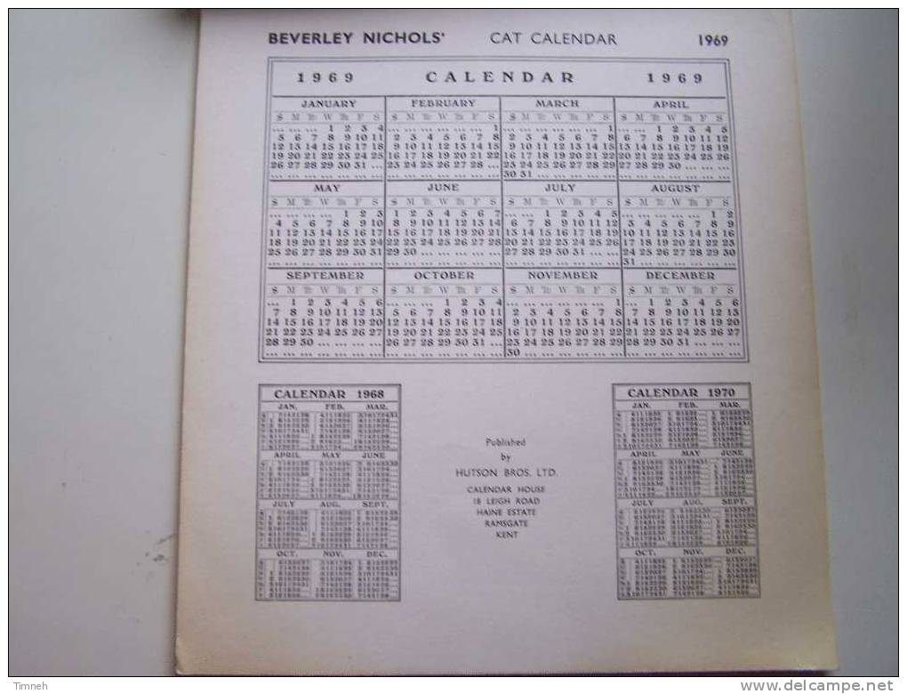 Anglais CAT CALENDAR FOR 1969 Berverley Nichols HUTSON BROS LTD à Spirale Calendrier CHATS En Anglais- - Grand Format : 1961-70