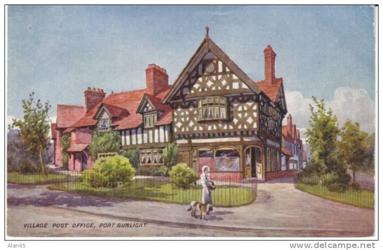 Port Sunlight, Wirral, Merseyside UK, Village Post Office On Artist Unsigned C1900s Vintage Postcard - Andere & Zonder Classificatie