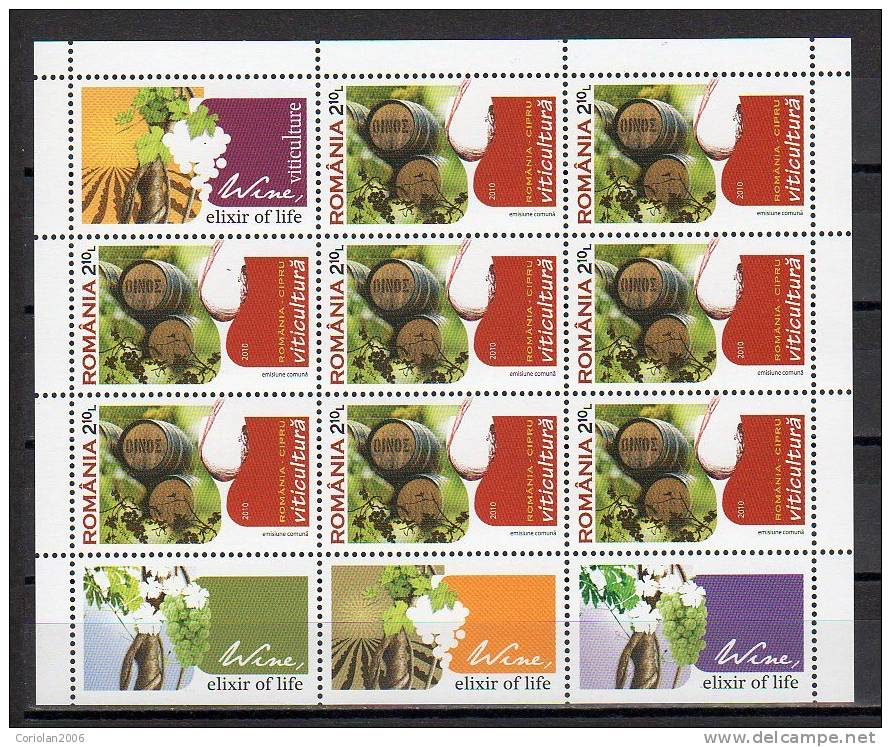 Romania -  Cyprus 2010 / Joint Issue / Viticulture / Set 2 MS With Labels And Tabs - Wines & Alcohols