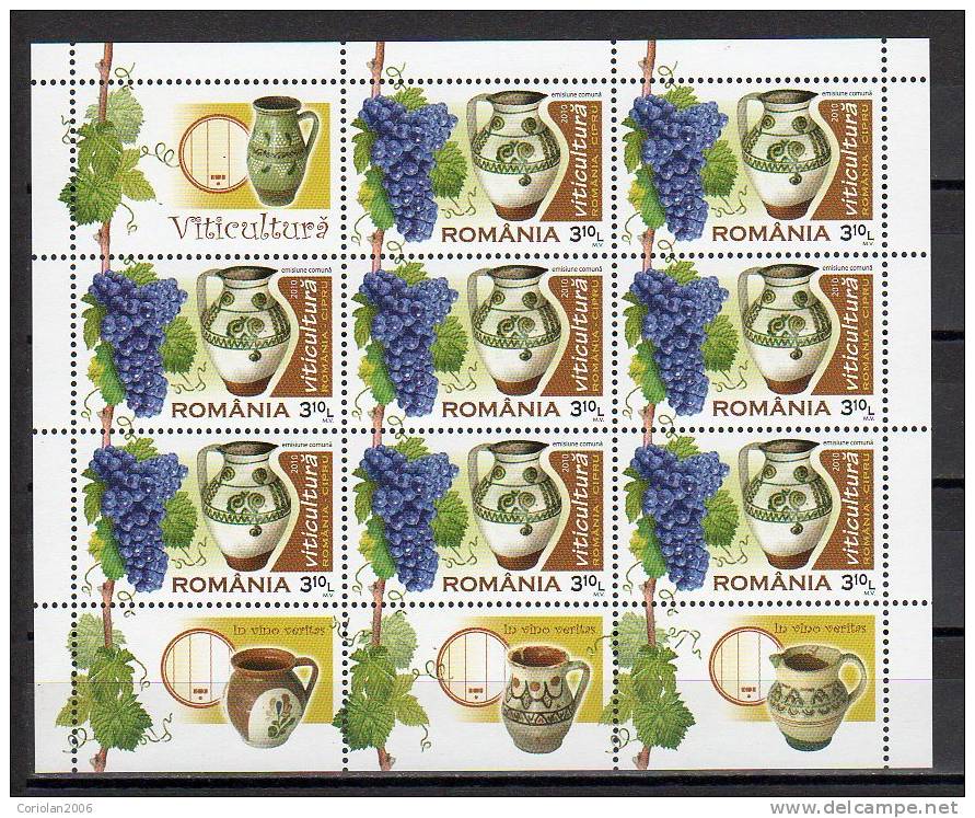 Romania -  Cyprus 2010 / Joint Issue / Viticulture / Set 2 MS With Labels And Tabs - Wines & Alcohols