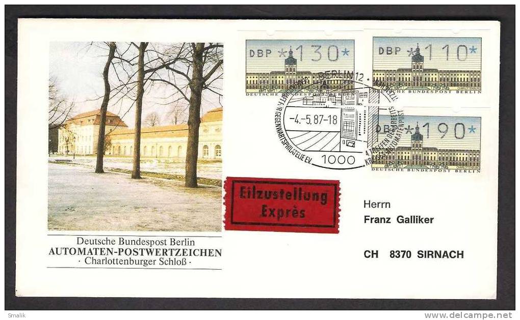 Deutsche Bundespost Berlin, ATM Automaten Cover Expres, Berlin Postmark 4-5-1987 Schloss Charlottenburg - Viñetas De Franqueo [ATM]