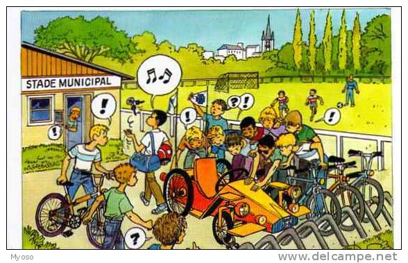 Carte Double,Scouts De France, Au Stade Municipal, Velos, Automobile, Illustrateur Bernard DUFOSSE - Scouting