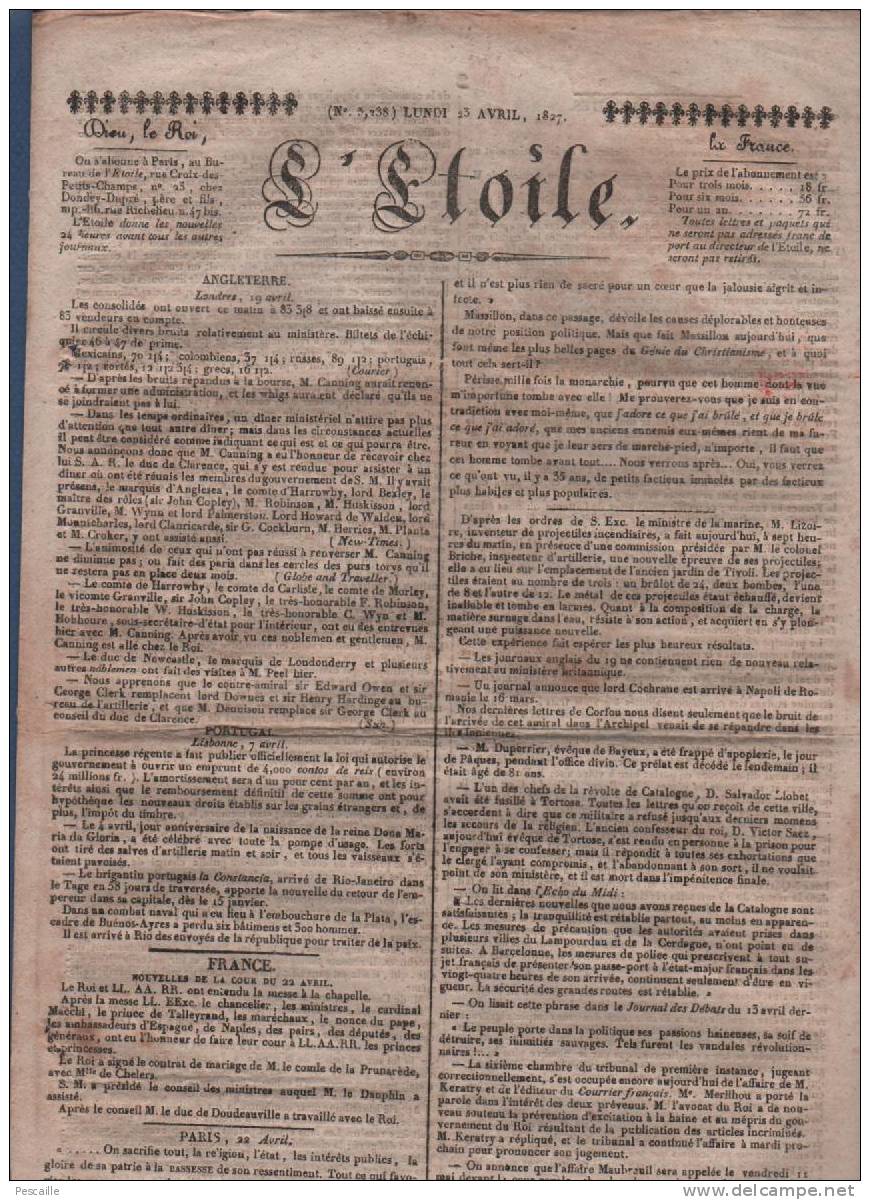 L´ETOILE 23 04 1827 - LONDRES - CATALOGNE - CHAMBRE DES DEPUTES RELATION DES DEBATS DANS LES JOURNAUX / LA BOËSSIERE - 1800 - 1849