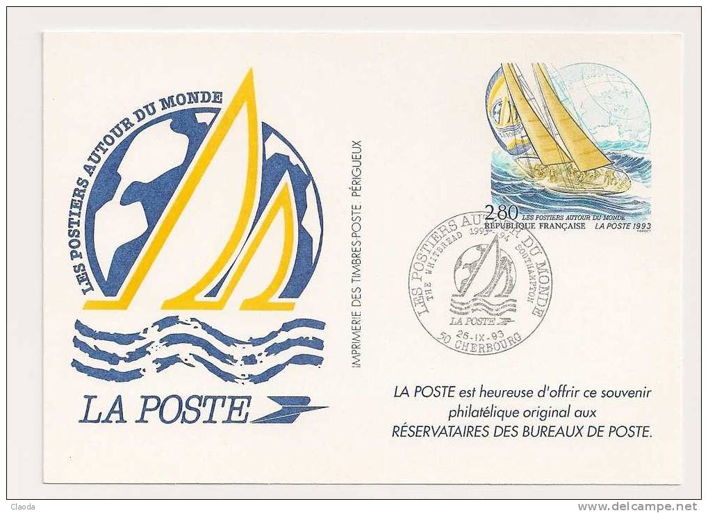 9363 Entier Postal 1993 - Produit LA POSTE -Oblitération CHERBOURG -  Voilier - Pseudo-officiële  Postwaardestukken