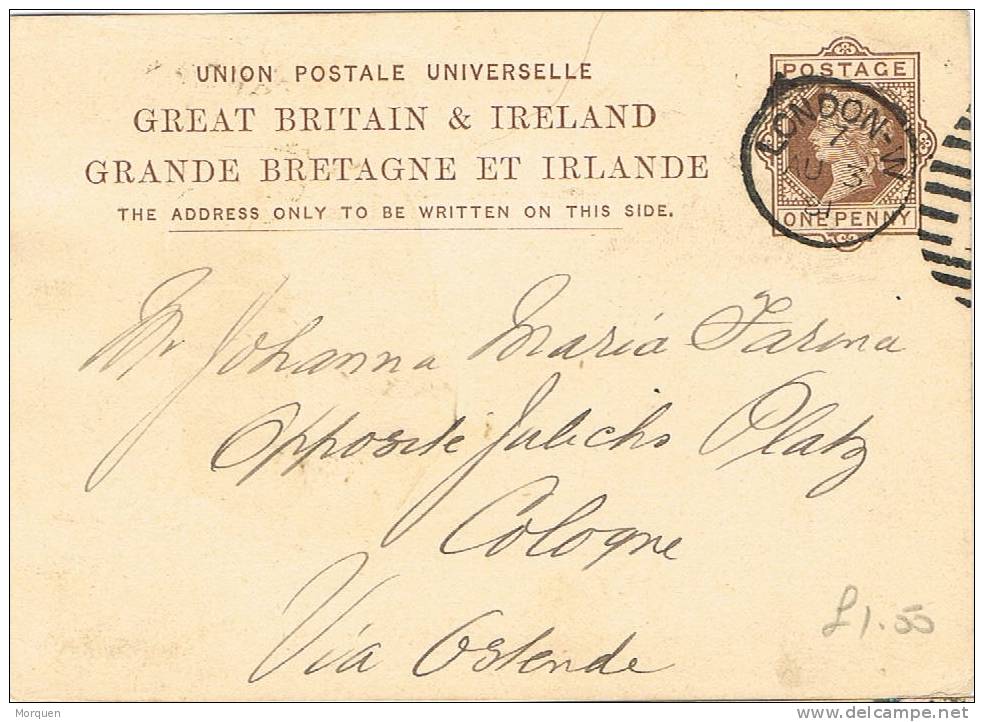 Entero Postal LONDON, Reina Victoria 1 Penny 1881 - Cartas & Documentos