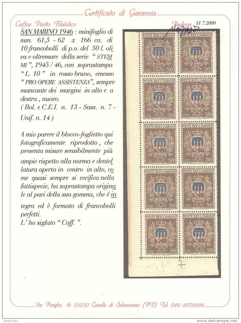 SAN MARINO 1946 MINIFOGLIO PRO OPERA ASSISTENZA RARO ** MNH QUALITA' LUSSO CERT. CAFFAZ - Nuovi