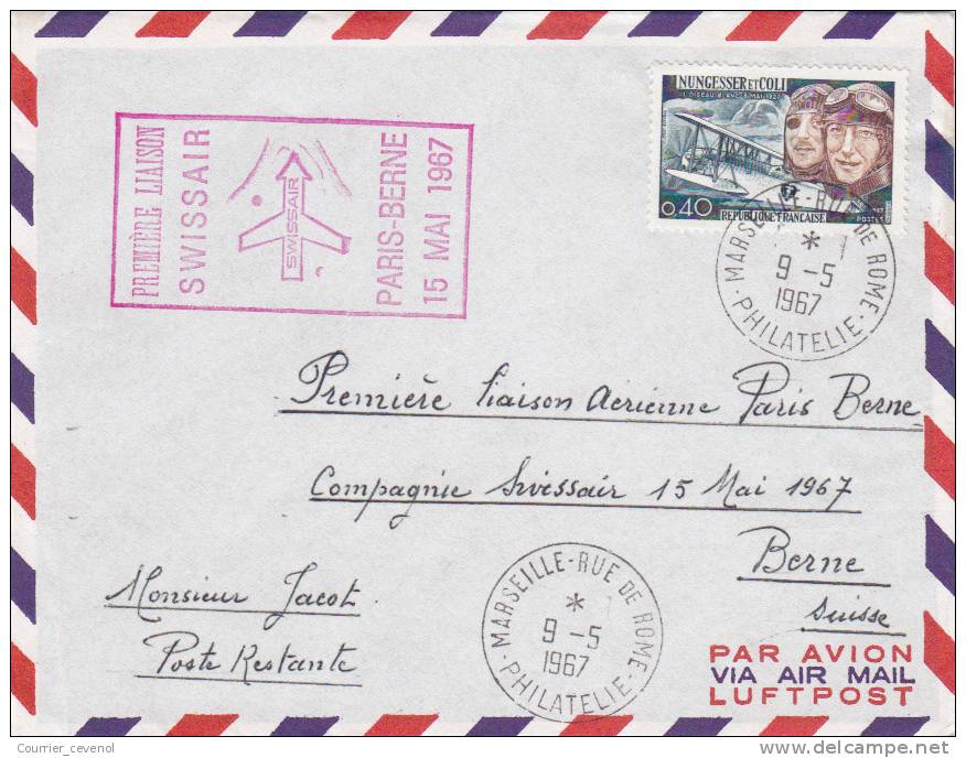 Première Liaison SWISSAIR - Paris - Berne - 15 Mai 1967 - 1960-.... Lettres & Documents