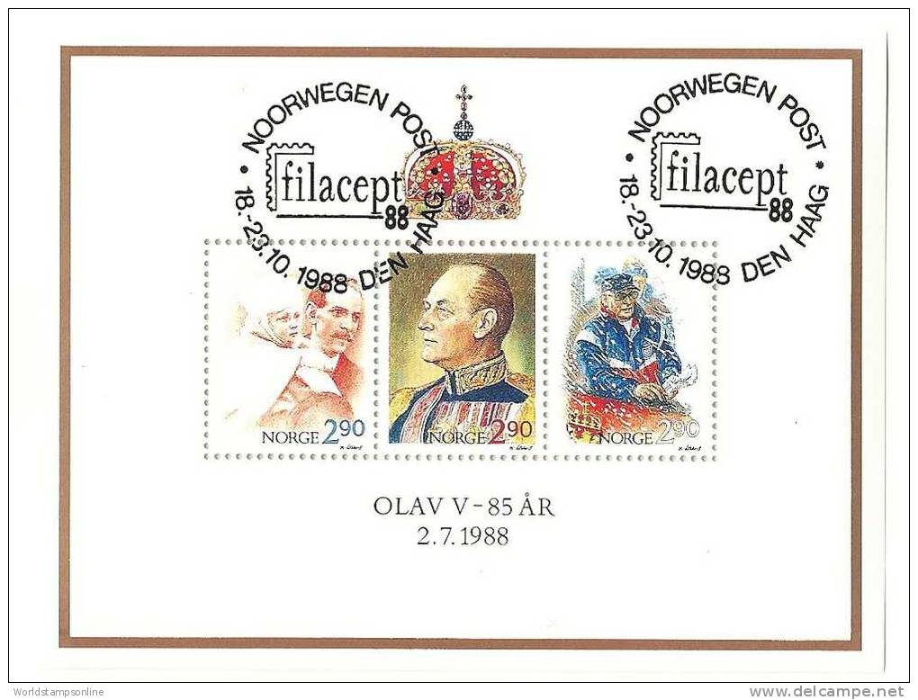 Norway, Year 1988, Mi Block 9, King Olav, Unused, Cancelled Filacept The Hague - Unused Stamps