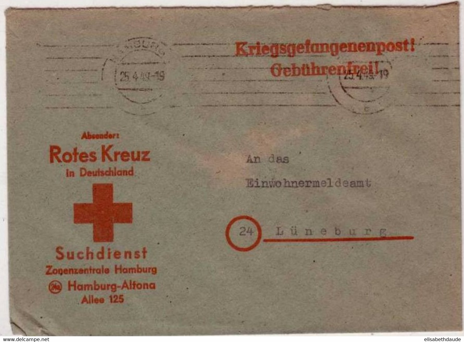 GUERRE 39/45 - CROIX ROUGE - PRISONNIERS De GUERRE ALLEMANDS - LETTRE Du SERVICE De RECHERCHE De HAMBURG De 1949 - Prisoners Of War Mail