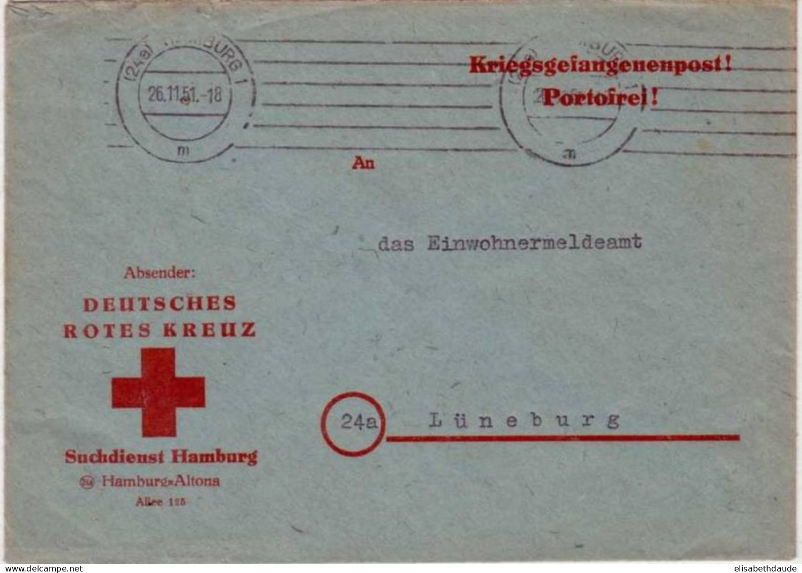 GUERRE 39/45 - CROIX ROUGE - PRISONNIERS De GUERRE ALLEMANDS - LETTRE Du SERVICE De RECHERCHE De HAMBURG De 1951 - Gevangenenpost