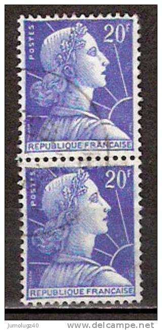 Timbre France Y&T N°1011Bx2 (1) Obl. Paire Verticale. Marianne De Muller.  20 F. Bleu. Cote 0,30 € - 1955-1961 Marianne (Muller)