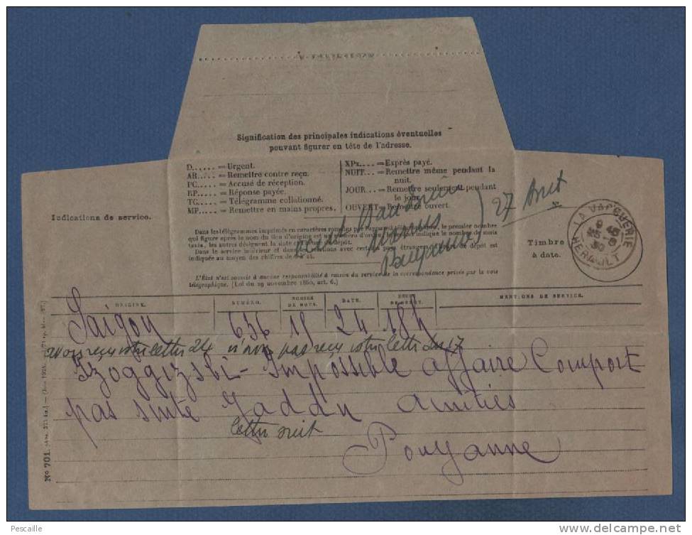 TELEGRAMME DATE DE 1930 DE SAÏGON VERS LA VACQUERIE HERAULT - Telegraaf-en Telefoonzegels