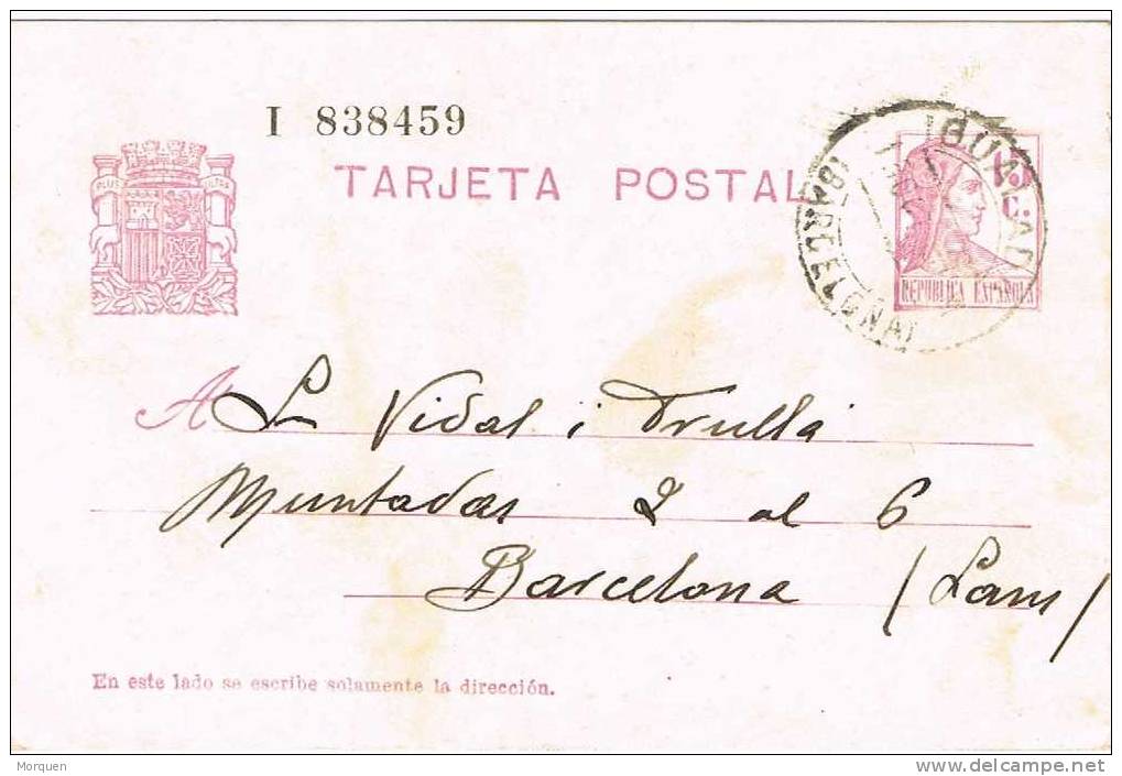 Entero Postal IGUALADA (Barcelona) 1935. Republica - 1931-....