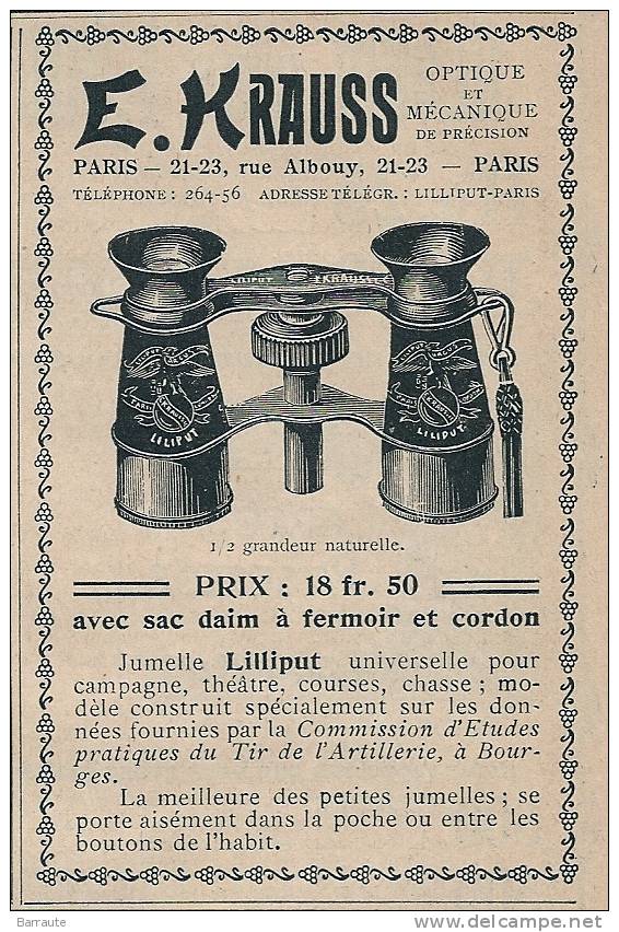 Pub De 1902 " Jumelle Pour Les Courses Ou Le Théatre  E. KRAUSS" Modèle Lilliput. - Advertising