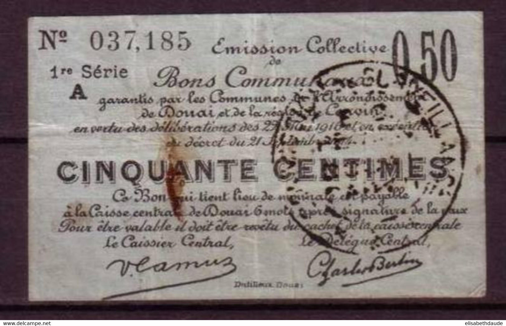 NORD - GUERRE 14/18 - BON COMMUNAL De 50c. De DOUAI - Bons & Nécessité