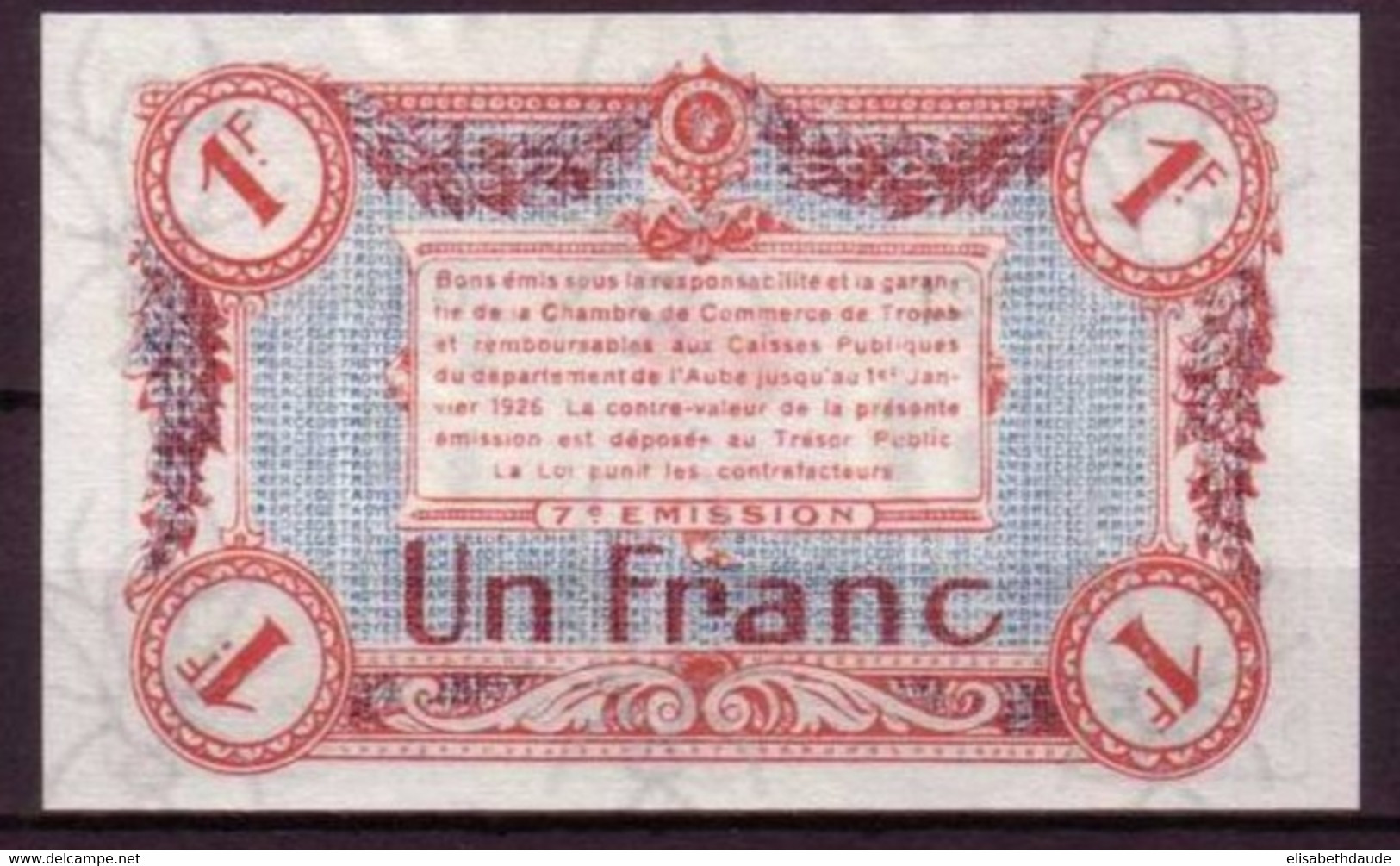 AUBE - 1926 - BON De 1F. De La CHAMBRE DE COMMERCE De TROYES - NEUF - FILIGRANE ABEILLE - Chambre De Commerce
