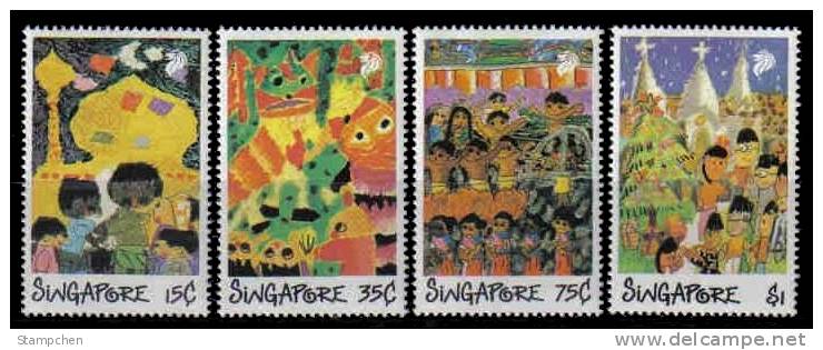 1989 Singapore Kid Drawing Stamps Chinese New Year Lion Dance Church Christmas Festival - Año Nuevo Chino