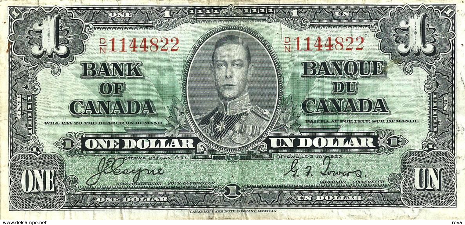 CANADA $1 DOLLAR KGVI HEAD FRONT WOMAN BACK DATED 2-1-1937 P58e SIGN. COYNE-TOWERS  READ DESCRIPTION - Canada