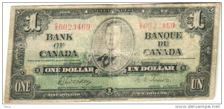 CANADA $1 DOLLAR KGVI HEAD FRONT WOMAN BACK DATED 2-1-1937 P58e SIGN. COYNE-TOWERS  READ DESCRIPTION - Canada